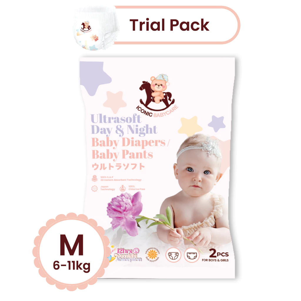 [Trial Pack] Iconic Babycare Ultrasoft Day & Night Baby Diaper Pants M/L/XL/XXL (2pcs/pack)