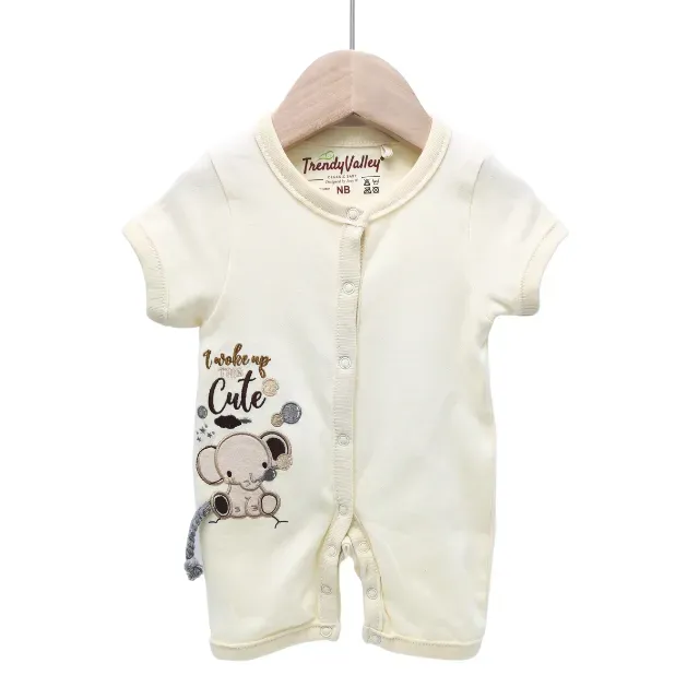 [308121] Trendy Valley Organic Cotton Short Sleeve Pants Romper - Elephant (Cream, 0 - 3 months)