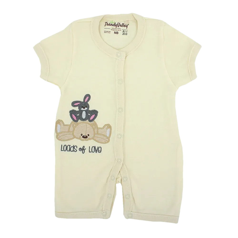 [308071] Trendy Valley Organic Cotton Short Sleeve Pants Romper - Load of Love (Cream, 0 - 3 months)