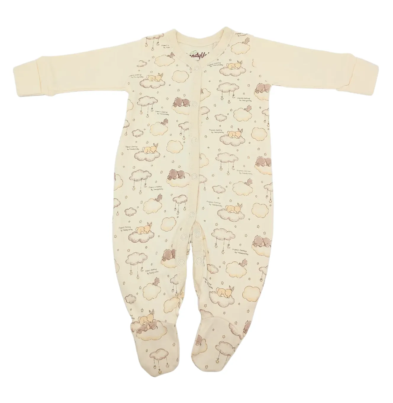 [309021] Trendy Valley Organic Cotton Long Sleeve Romper with hands and feet covered - Rabbit & Elephant (0 - 3 months)