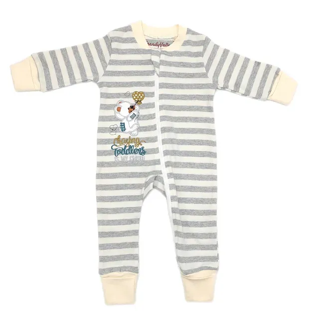 [310011] Trendy Valley Organic Cotton Baby Zip One Piece Sleep Bag With Hands and Feet Covered - Grey Stripe Bear (0 - 3 months)