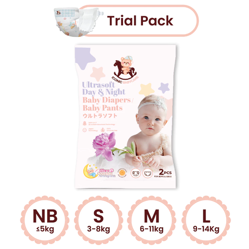 [Trial Pack] Iconic Babycare Ultrasoft Day & Night Baby Diaper Tape NB/S/M/L (2pcs/pack)