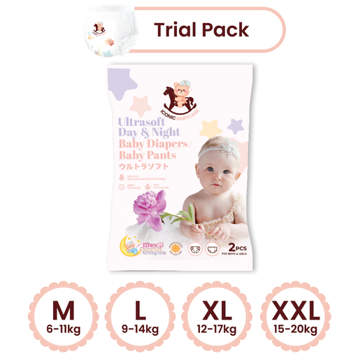 [Trial Pack] Iconic Babycare Ultrasoft Day & Night Baby Diaper Pants M/L/XL/XXL (2pcs/pack)